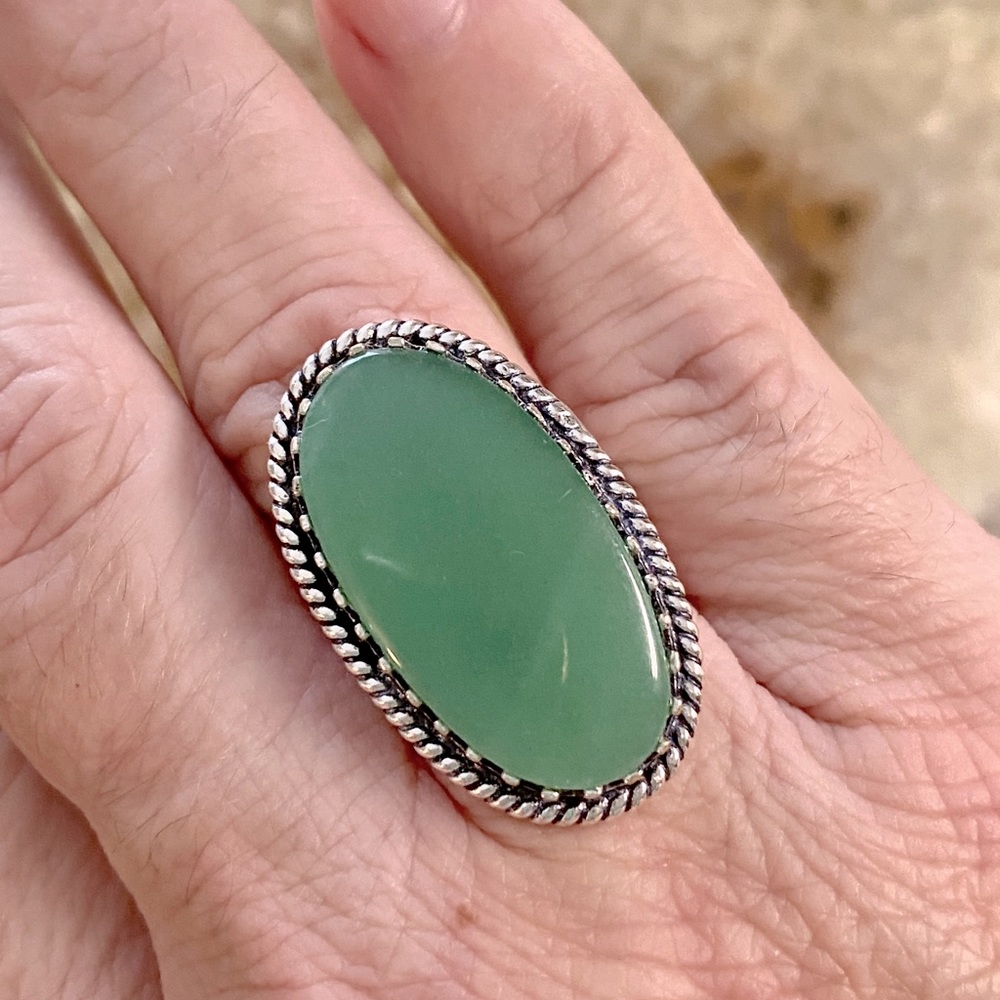 GREEN AVENTURINE GEMSTONE Statement ring,  .925 Sterling Silver over brass